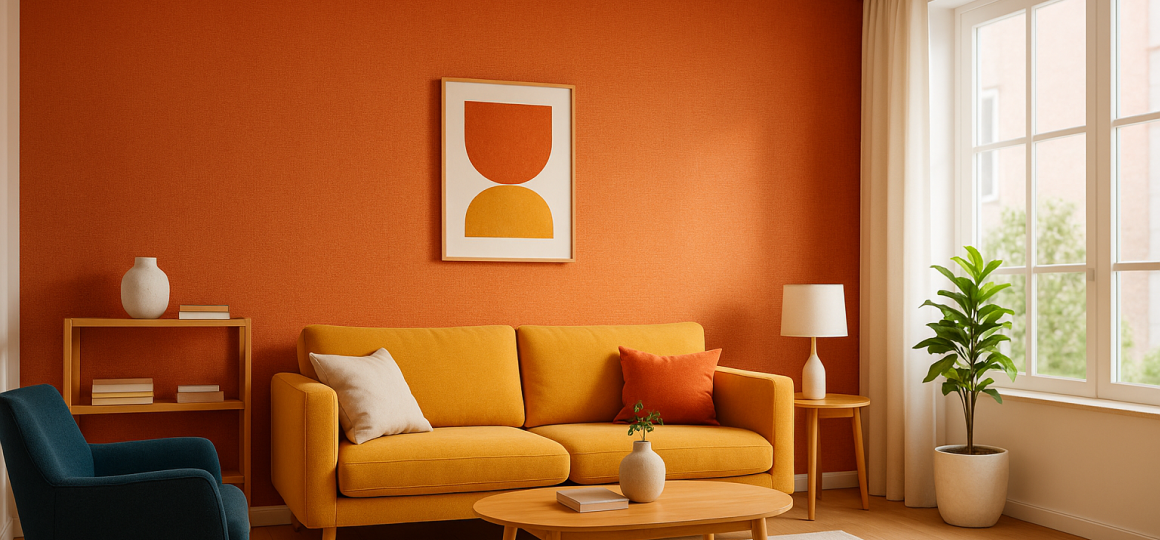 Светлая гостиная в скандинавском стиле с акцентной стеной и минималистичной мебелью в тёплых оттенках